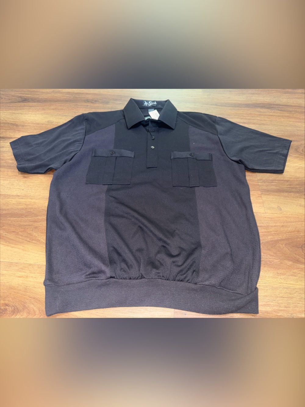 Vtg ALAN STUART Men’s Black Short Sleeve Polo Style Waistband Shirt Size Large